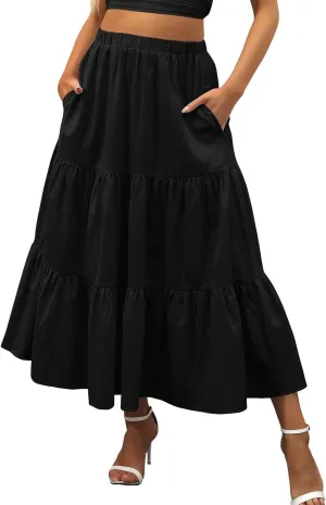 Womens Swing Ruffle Beach Pleated Elastic Summer with Pockets Boho Long Skirt and Top Set for Women High Rise Skirts