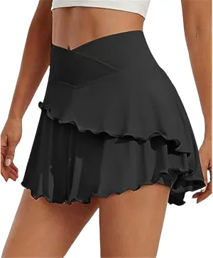 Womens Tennis Skirt Crossover Ruffle Workout Golf Skorts Skirts UPF 50  Solid Lightweight Athletic Skirt with Pocket