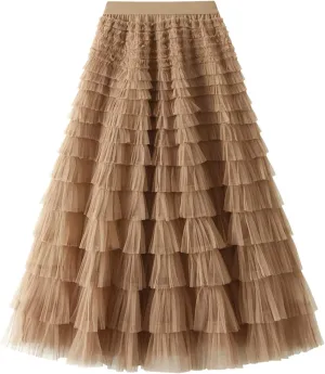 Womens Tulle Skirts Midi Elastic High Waist Pleated Mesh Flowy A-Line Long Tutu Skirts