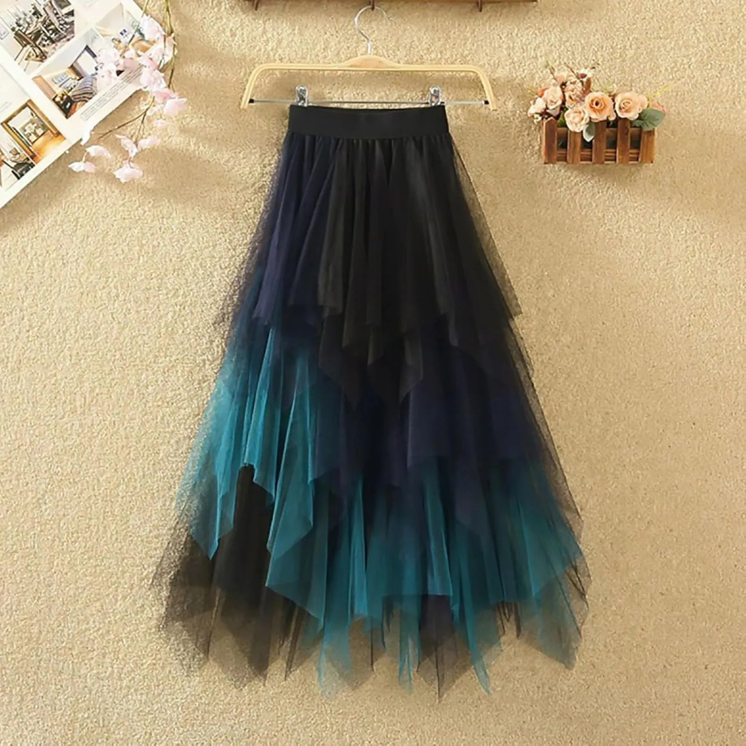 Womens Tulle Skirts Midi Elastic High Waist Pleated Mesh Flowy Rainbow A-Line Party Long Tutu Skirts
