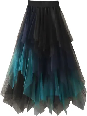 Womens Tulle Skirts Midi Elastic High Waist Pleated Mesh Flowy Rainbow A-Line Party Long Tutu Skirts