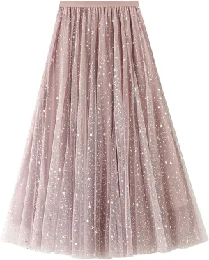 Womens Tutu Skirts Sequin Long Skirt Sparkly Tulle Skirts A Line Fairy Skirt Evening Party Skirts Cocktail Skirt