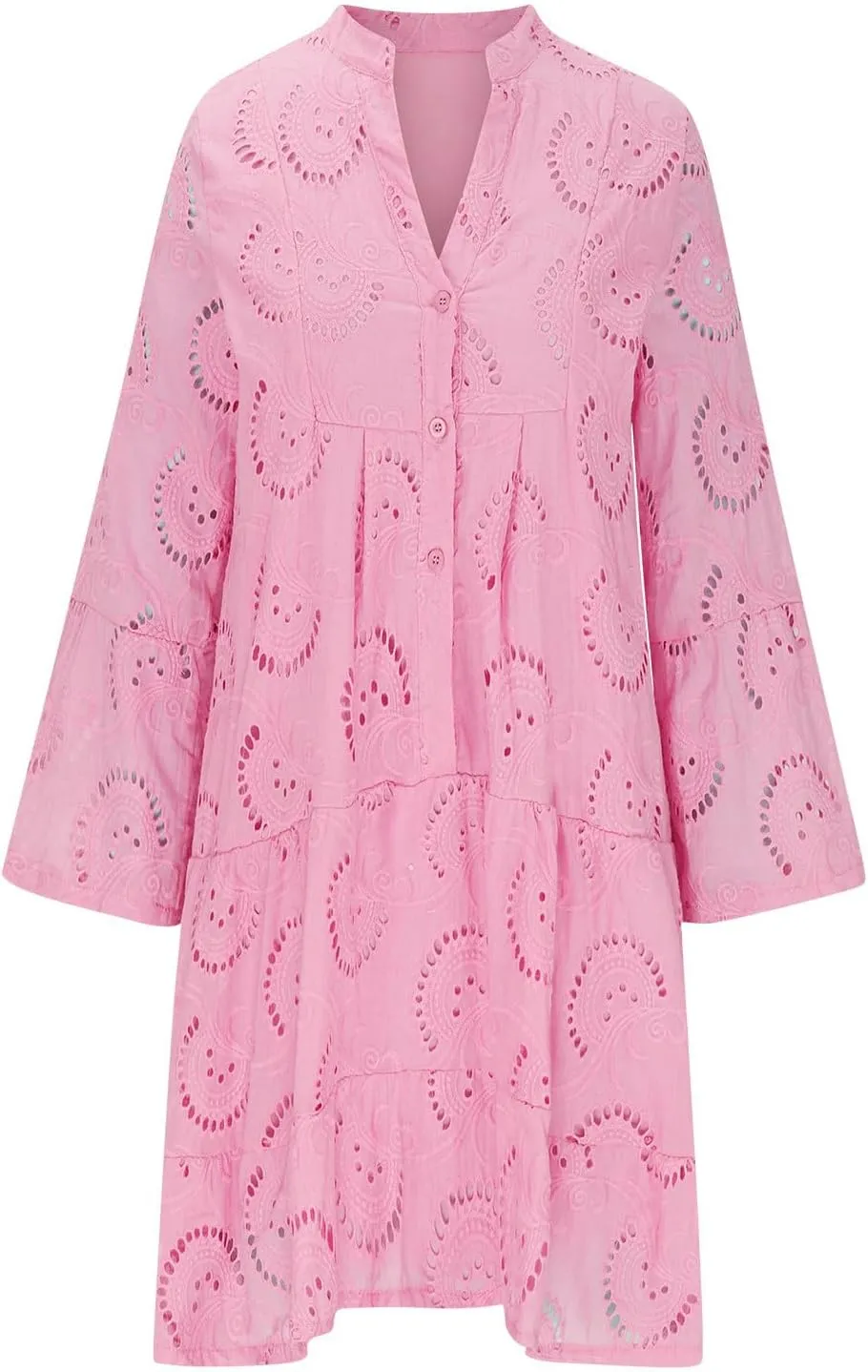 Women's V Neck Lace Crochet Puff Long Sleeve Ruffle Hem Loose Summer Flowy Mini Dress Plus Size Casual Swing Dresses