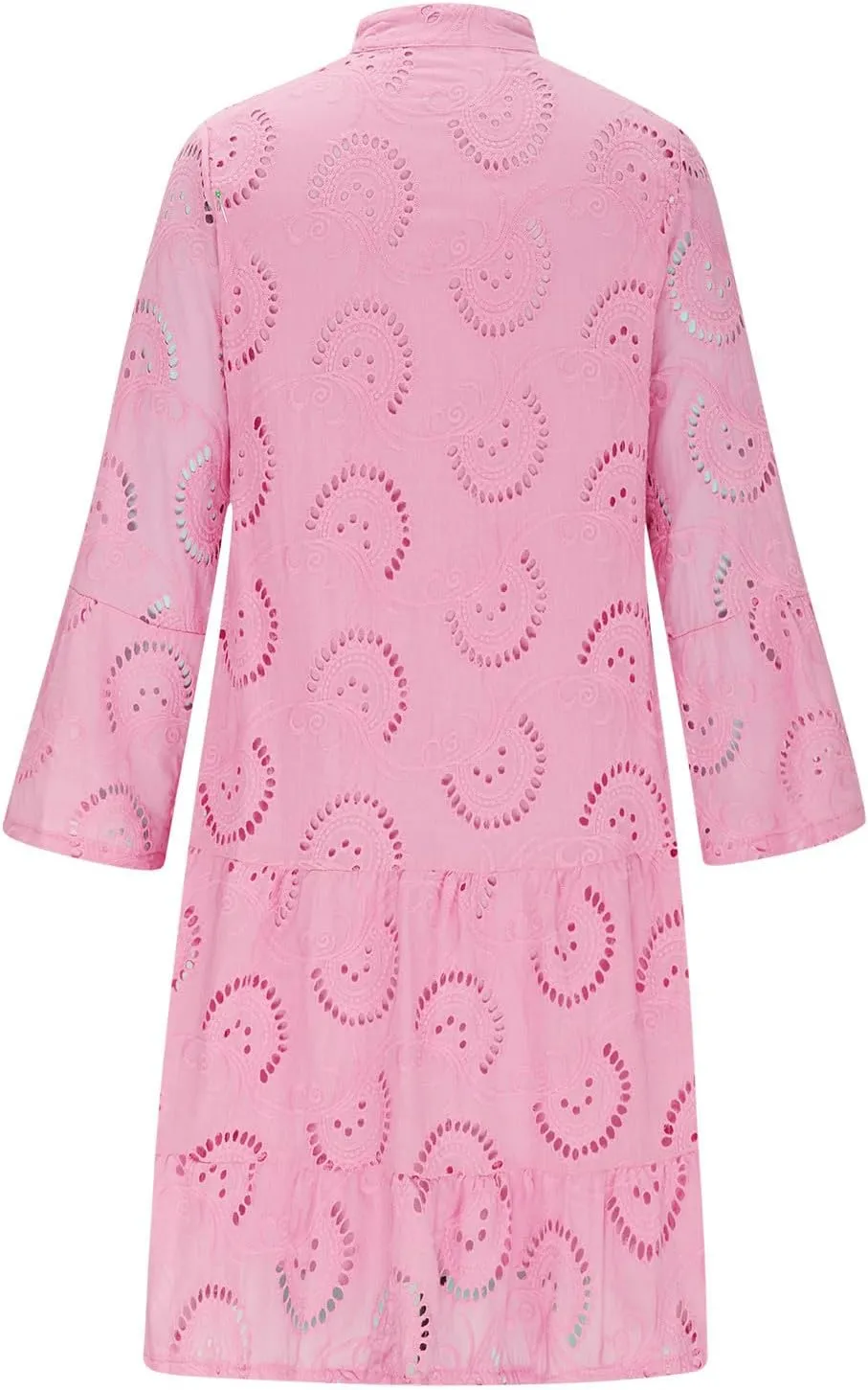 Women's V Neck Lace Crochet Puff Long Sleeve Ruffle Hem Loose Summer Flowy Mini Dress Plus Size Casual Swing Dresses