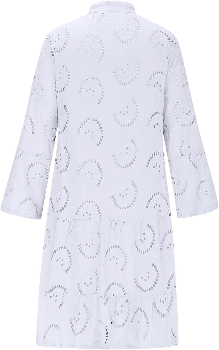 Women's V Neck Lace Crochet Puff Long Sleeve Ruffle Hem Loose Summer Flowy Mini Dress Plus Size Casual Swing Dresses