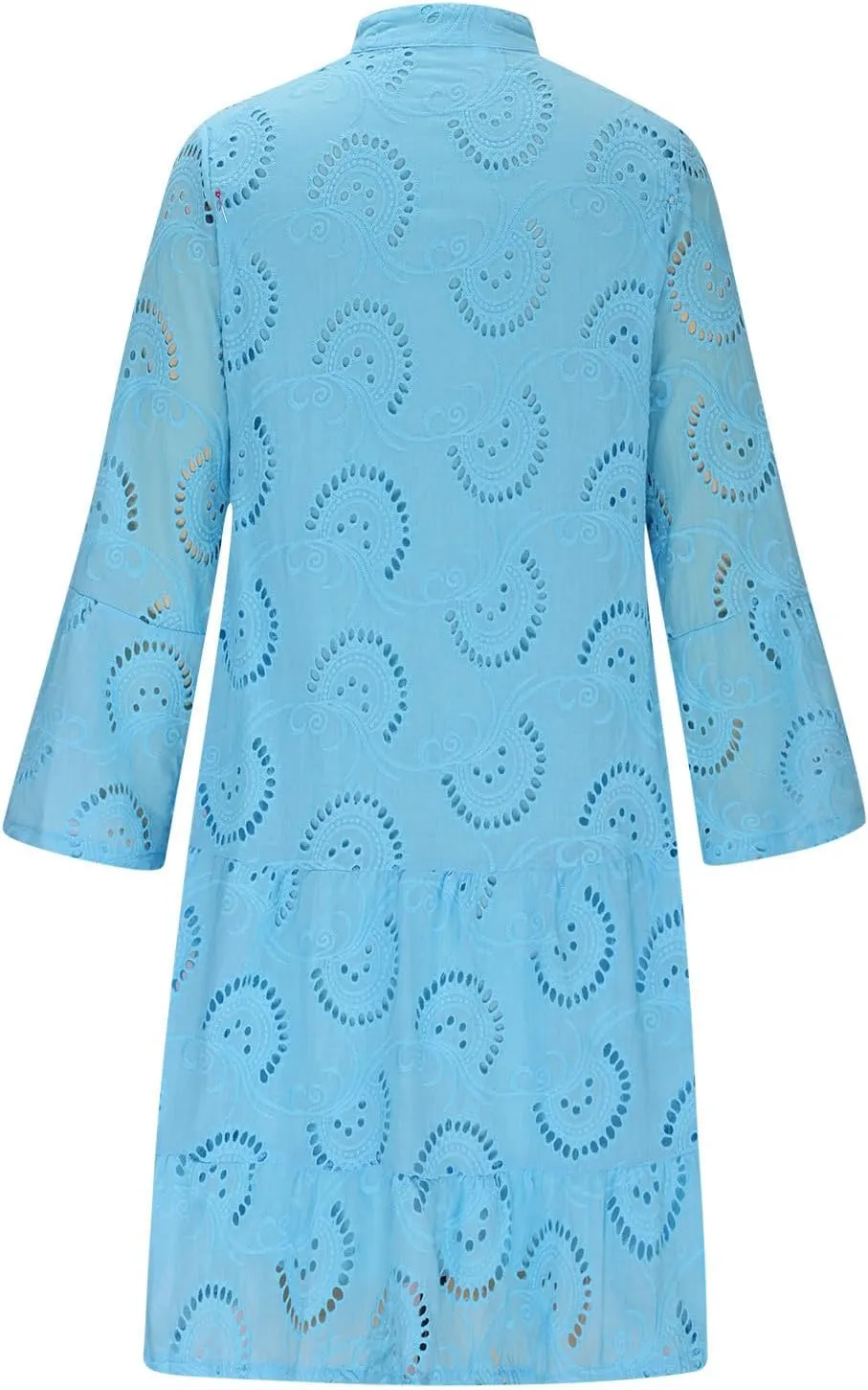 Women's V Neck Lace Crochet Puff Long Sleeve Ruffle Hem Loose Summer Flowy Mini Dress Plus Size Casual Swing Dresses
