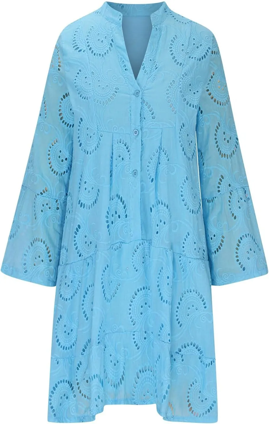 Women's V Neck Lace Crochet Puff Long Sleeve Ruffle Hem Loose Summer Flowy Mini Dress Plus Size Casual Swing Dresses