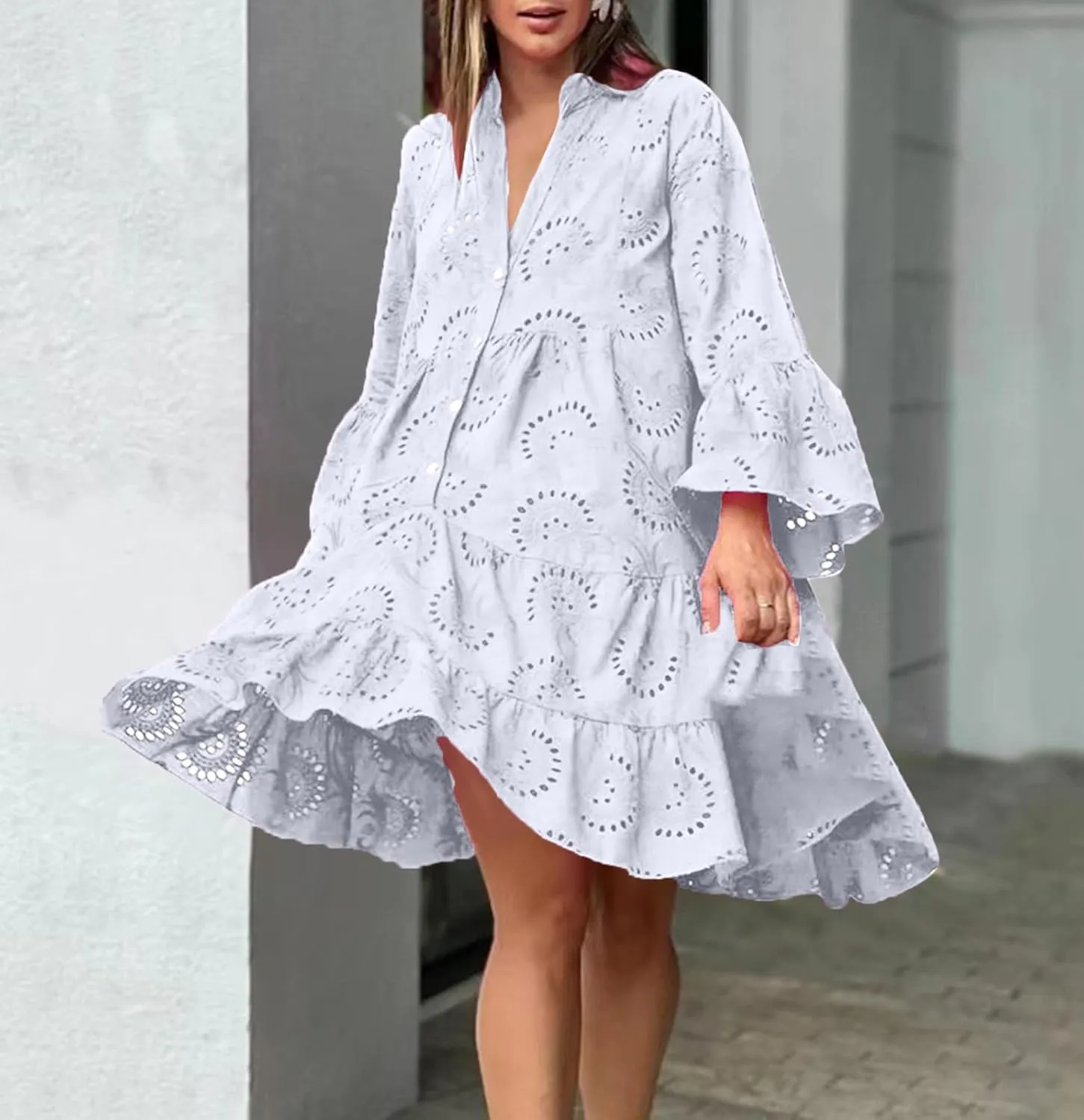 Women's V Neck Lace Crochet Puff Long Sleeve Ruffle Hem Loose Summer Flowy Mini Dress Plus Size Casual Swing Dresses