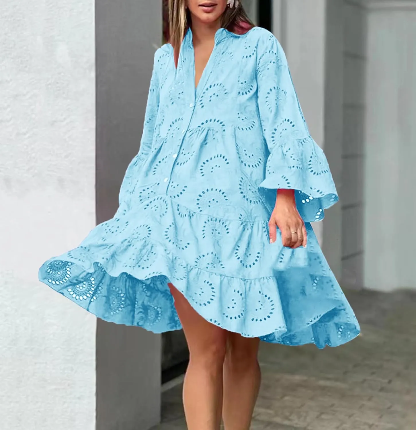Women's V Neck Lace Crochet Puff Long Sleeve Ruffle Hem Loose Summer Flowy Mini Dress Plus Size Casual Swing Dresses