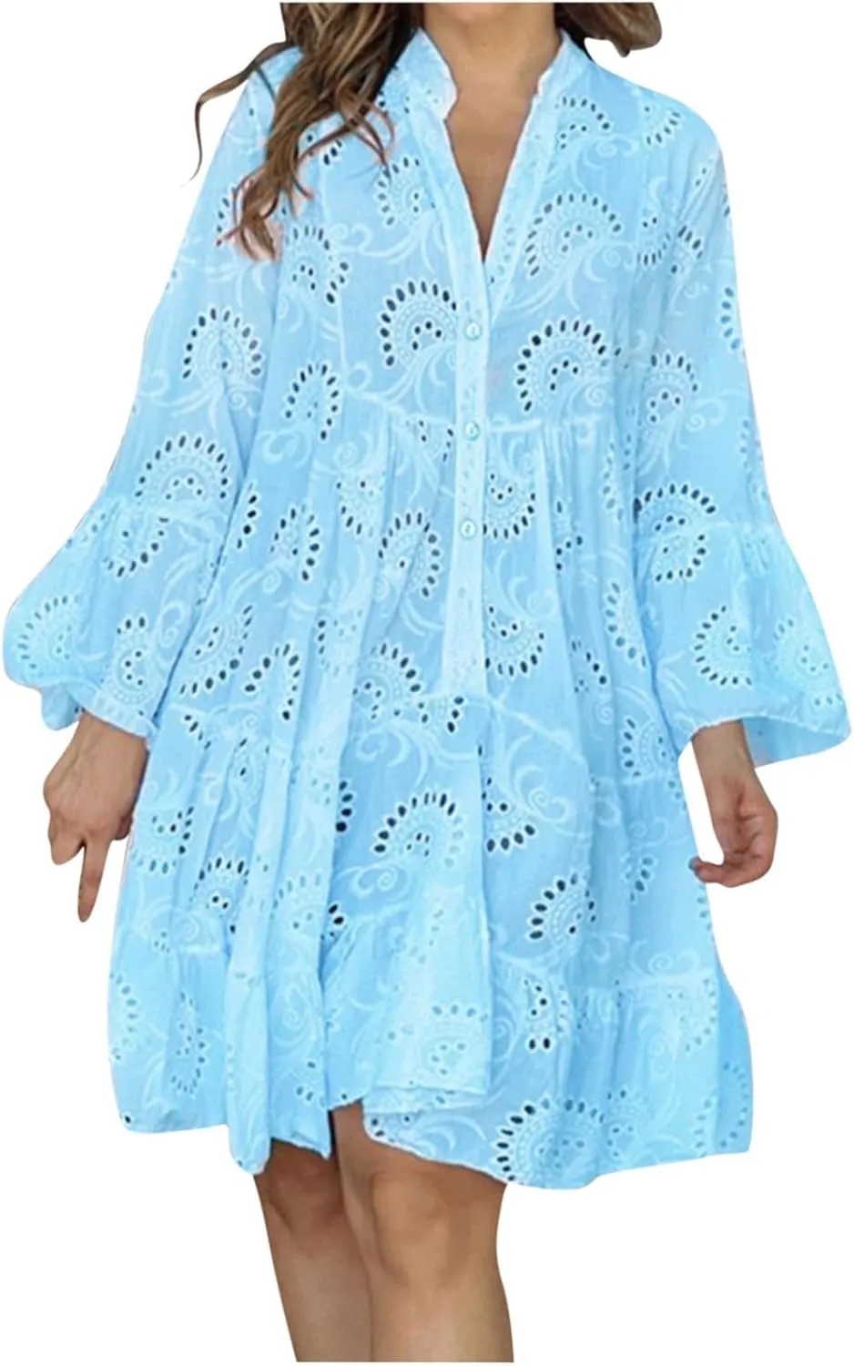 Women's V Neck Lace Crochet Puff Long Sleeve Ruffle Hem Loose Summer Flowy Mini Dress Plus Size Casual Swing Dresses