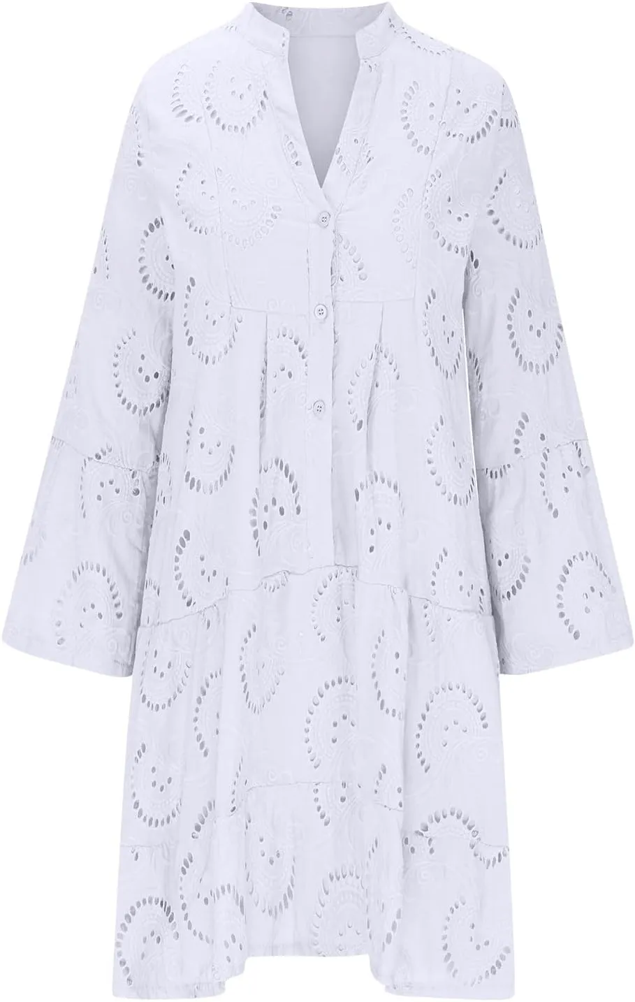 Women's V Neck Lace Crochet Puff Long Sleeve Ruffle Hem Loose Summer Flowy Mini Dress Plus Size Casual Swing Dresses
