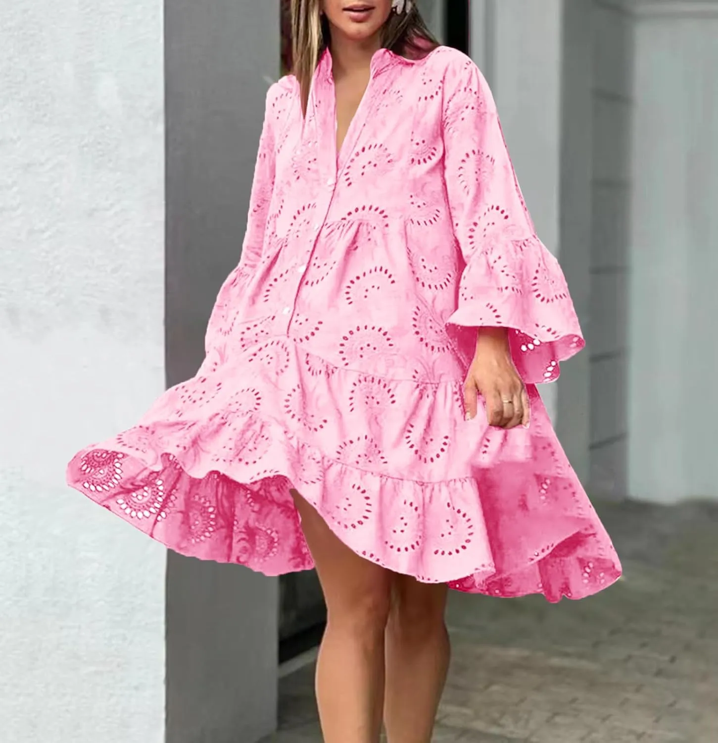 Women's V Neck Lace Crochet Puff Long Sleeve Ruffle Hem Loose Summer Flowy Mini Dress Plus Size Casual Swing Dresses