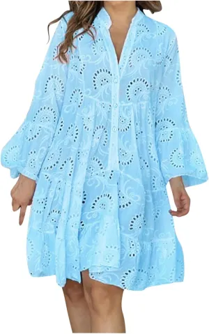 Women's V Neck Lace Crochet Puff Long Sleeve Ruffle Hem Loose Summer Flowy Mini Dress Plus Size Casual Swing Dresses