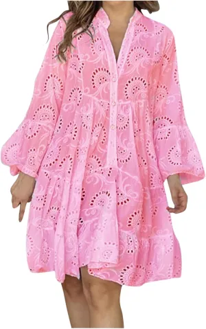 Women's V Neck Lace Crochet Puff Long Sleeve Ruffle Hem Loose Summer Flowy Mini Dress Plus Size Casual Swing Dresses