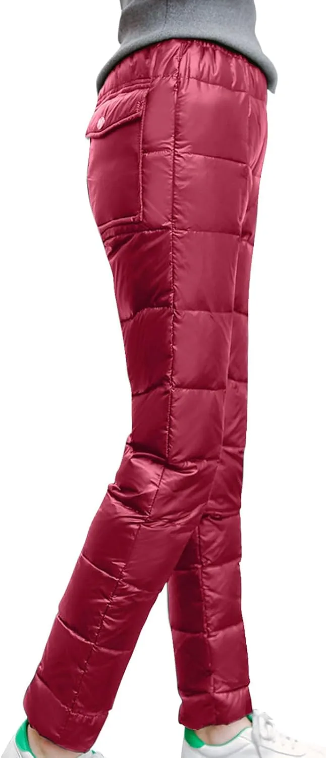 Women's Winter Warm Ski Snow Pants Windproof Padded Quilted Down Pants Thermal Trousers High Waist Outdoor Sweatpants