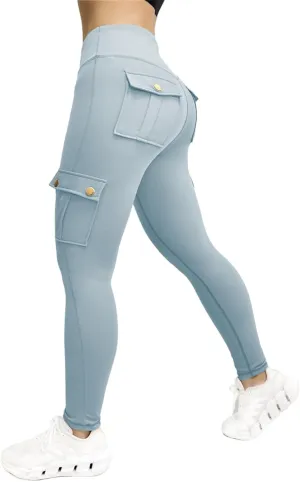 Workout Cargo Leggings for Women High Waist Tummy Control Yoga Butt Lifting Leggings Gym Tights with Flap Pockets