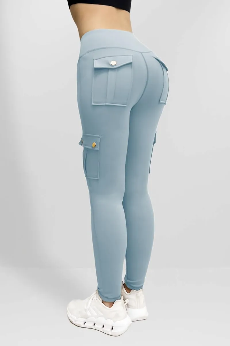Workout Cargo Leggings for Women High Waist Tummy Control Yoga Butt Lifting Leggings Gym Tights with Flap Pockets