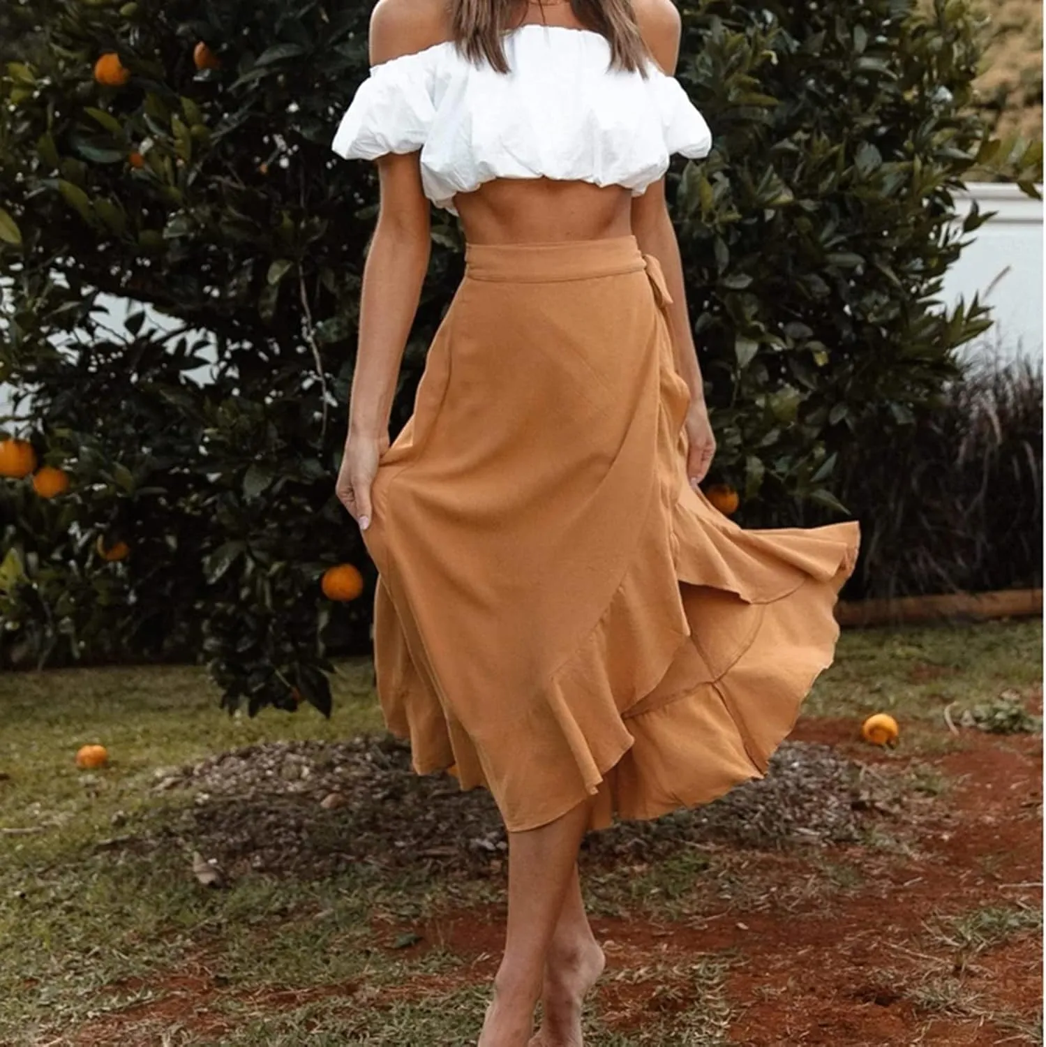 Wrap Skirts for Women Ruffle Midi Skirt Tie Waist Maxi Skirts High Waisted Summer Skirts Flowy Beach Cover Up Skirt