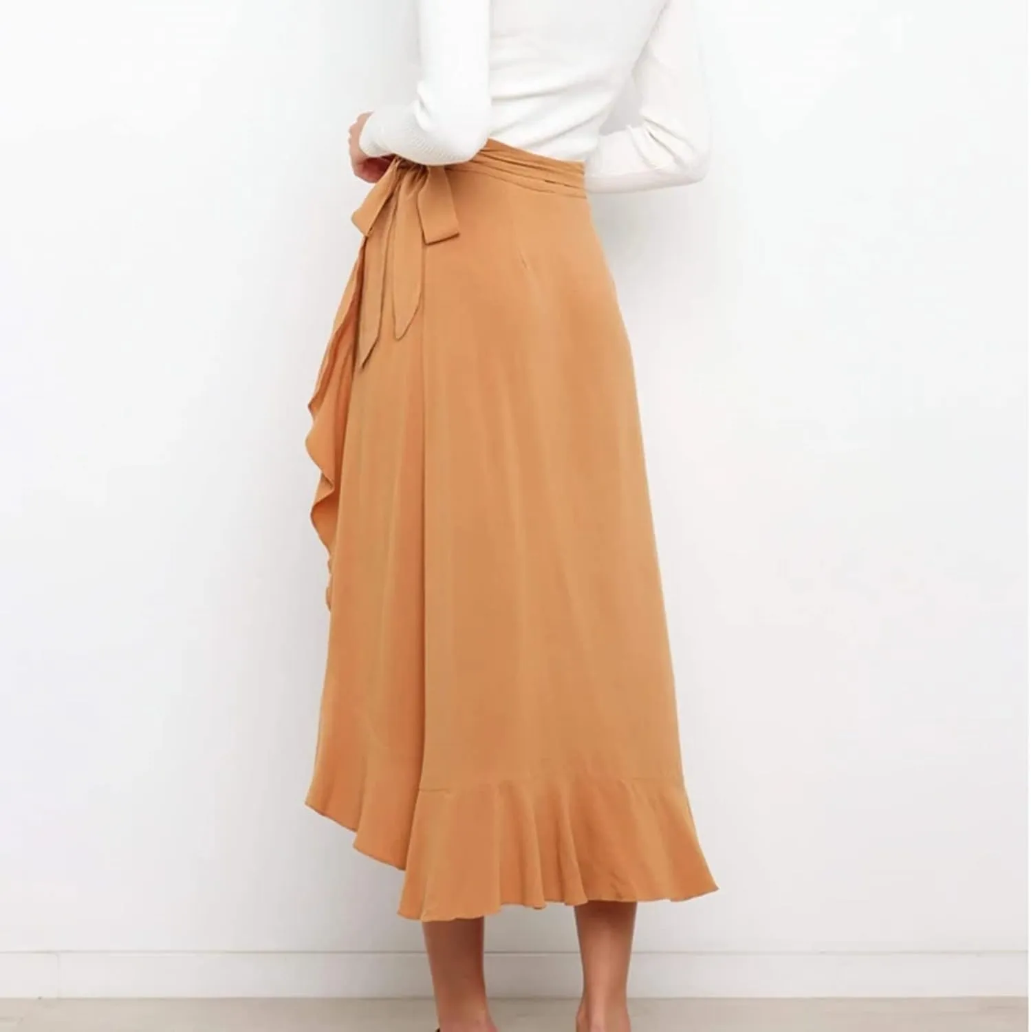 Wrap Skirts for Women Ruffle Midi Skirt Tie Waist Maxi Skirts High Waisted Summer Skirts Flowy Beach Cover Up Skirt