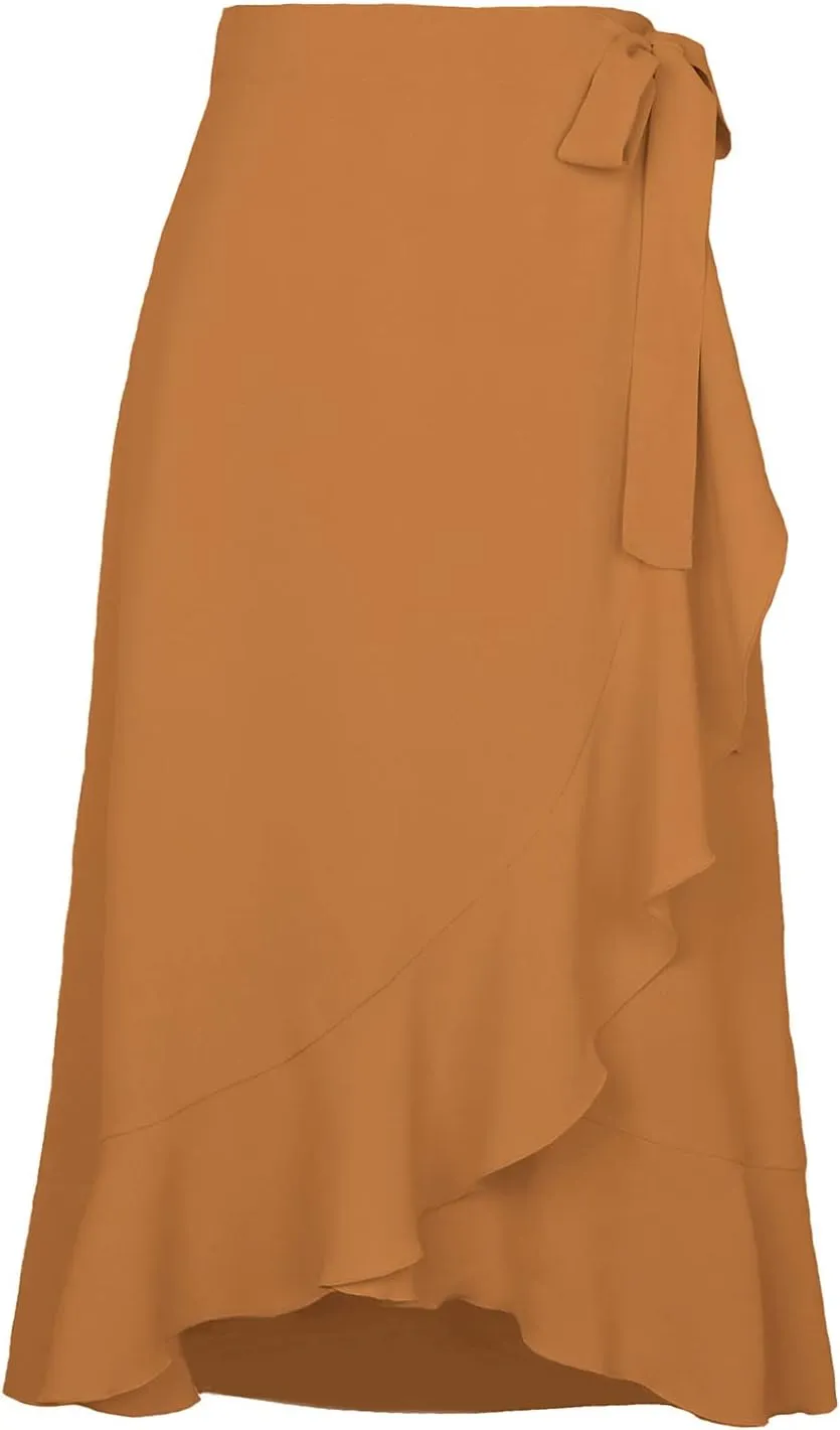 Wrap Skirts for Women Ruffle Midi Skirt Tie Waist Maxi Skirts High Waisted Summer Skirts Flowy Beach Cover Up Skirt