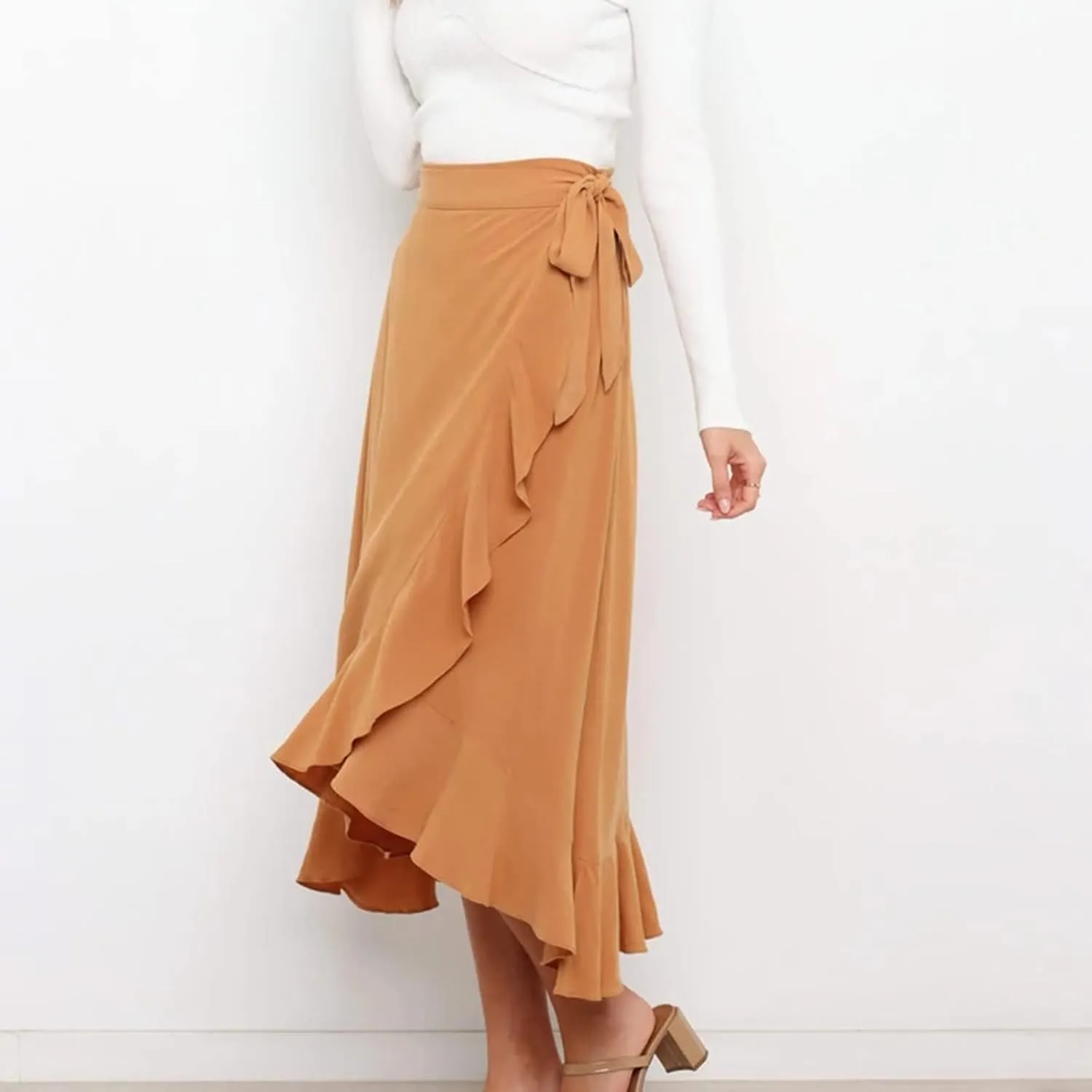 Wrap Skirts for Women Ruffle Midi Skirt Tie Waist Maxi Skirts High Waisted Summer Skirts Flowy Beach Cover Up Skirt