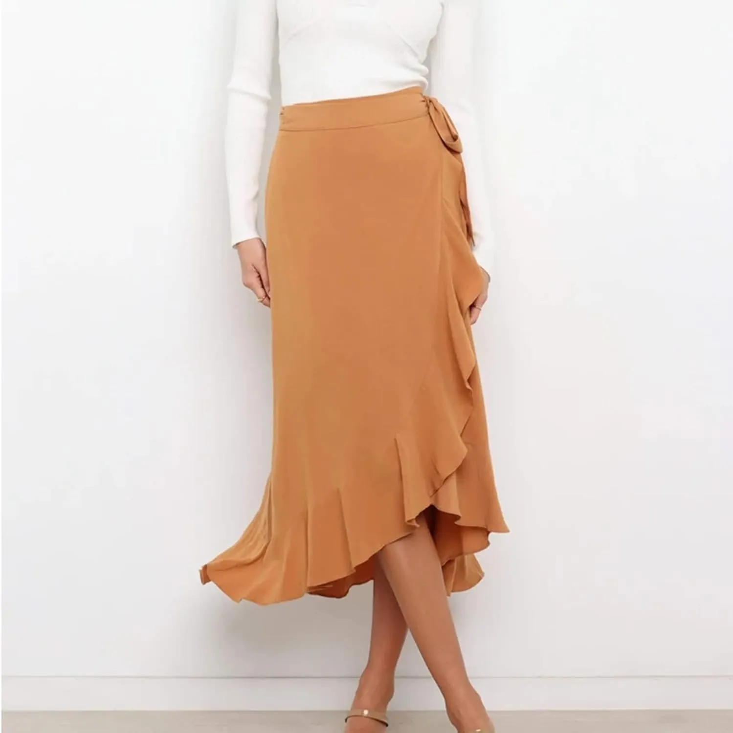 Wrap Skirts for Women Ruffle Midi Skirt Tie Waist Maxi Skirts High Waisted Summer Skirts Flowy Beach Cover Up Skirt