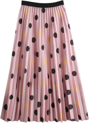 XIAOBU A-Line Skirt Womens High Waist Pleated Long Skirts Polka Dot Print Casual Swing Skirt Midi Summer Bottoms,Pink,L