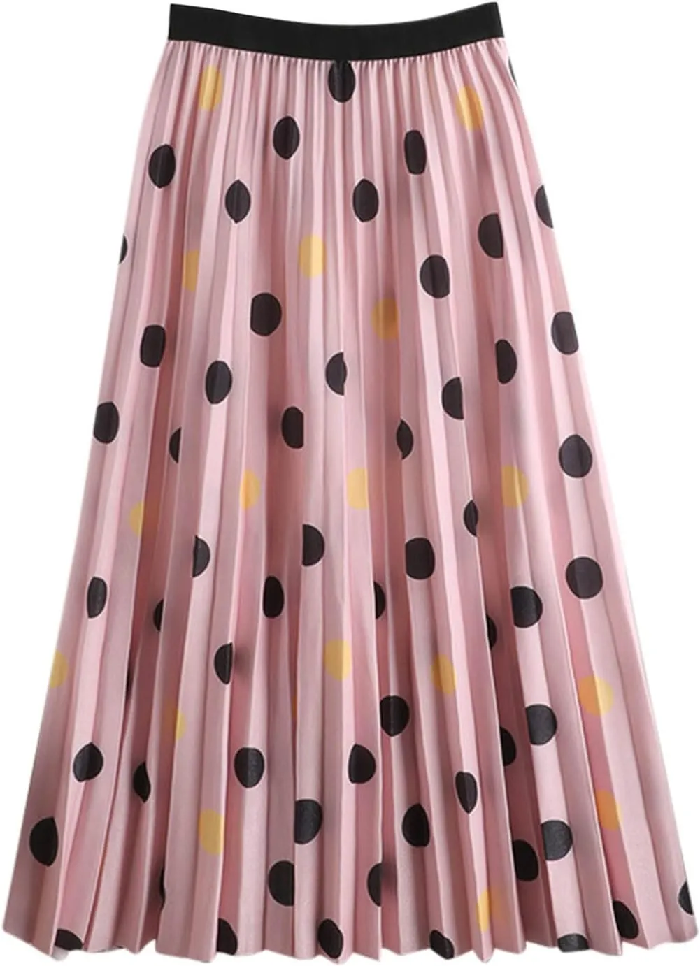 XIAOBU A-Line Skirt Womens High Waist Pleated Long Skirts Polka Dot Print Casual Swing Skirt Midi Summer Bottoms,Pink,L