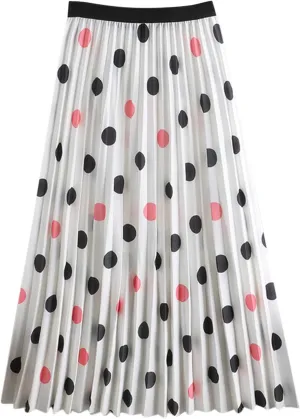 XIAOBU A-Line Skirt Womens High Waist Pleated Long Skirts Polka Dot Print Casual Swing Skirt Midi Summer Bottoms,White,XL
