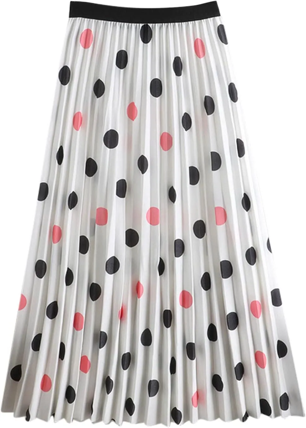 XIAOBU A-Line Skirt Womens High Waist Pleated Long Skirts Polka Dot Print Casual Swing Skirt Midi Summer Bottoms,White,XL