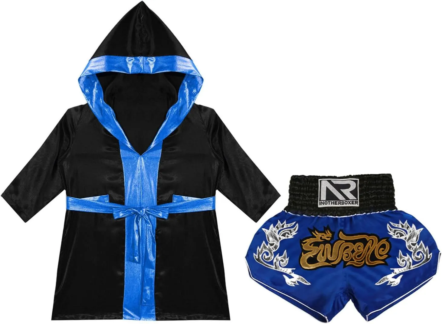 YEAHDOR Kids Boys Boxing Uniform Satin Hooded Boxing Cloak with Boxer Shorts Set Muay Thai Kickboxing Outfits