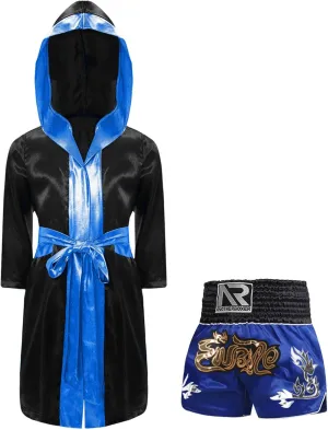 YEAHDOR Kids Boys Boxing Uniform Satin Hooded Boxing Cloak with Boxer Shorts Set Muay Thai Kickboxing Outfits