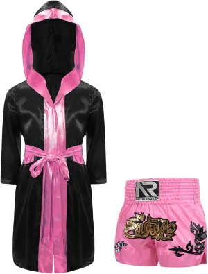 YiZYiF Kids Boys Boxing Outfit Long Sleeve Metallic Trim Satin Robe Hooded Cloak with Belt and Boxer Shorts Set