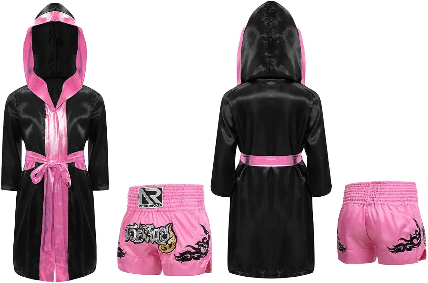 YiZYiF Kids Boys Boxing Outfit Long Sleeve Metallic Trim Satin Robe Hooded Cloak with Belt and Boxer Shorts Set