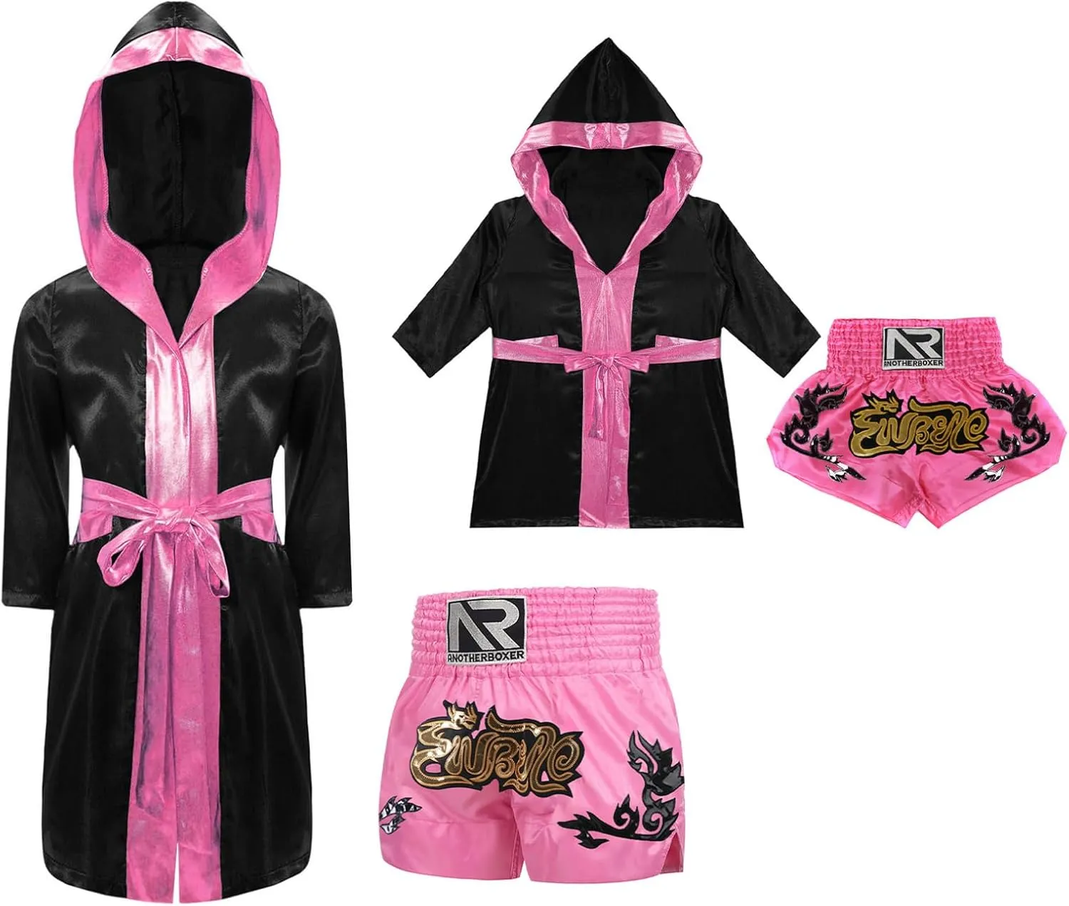 YiZYiF Kids Boys Boxing Outfit Long Sleeve Metallic Trim Satin Robe Hooded Cloak with Belt and Boxer Shorts Set