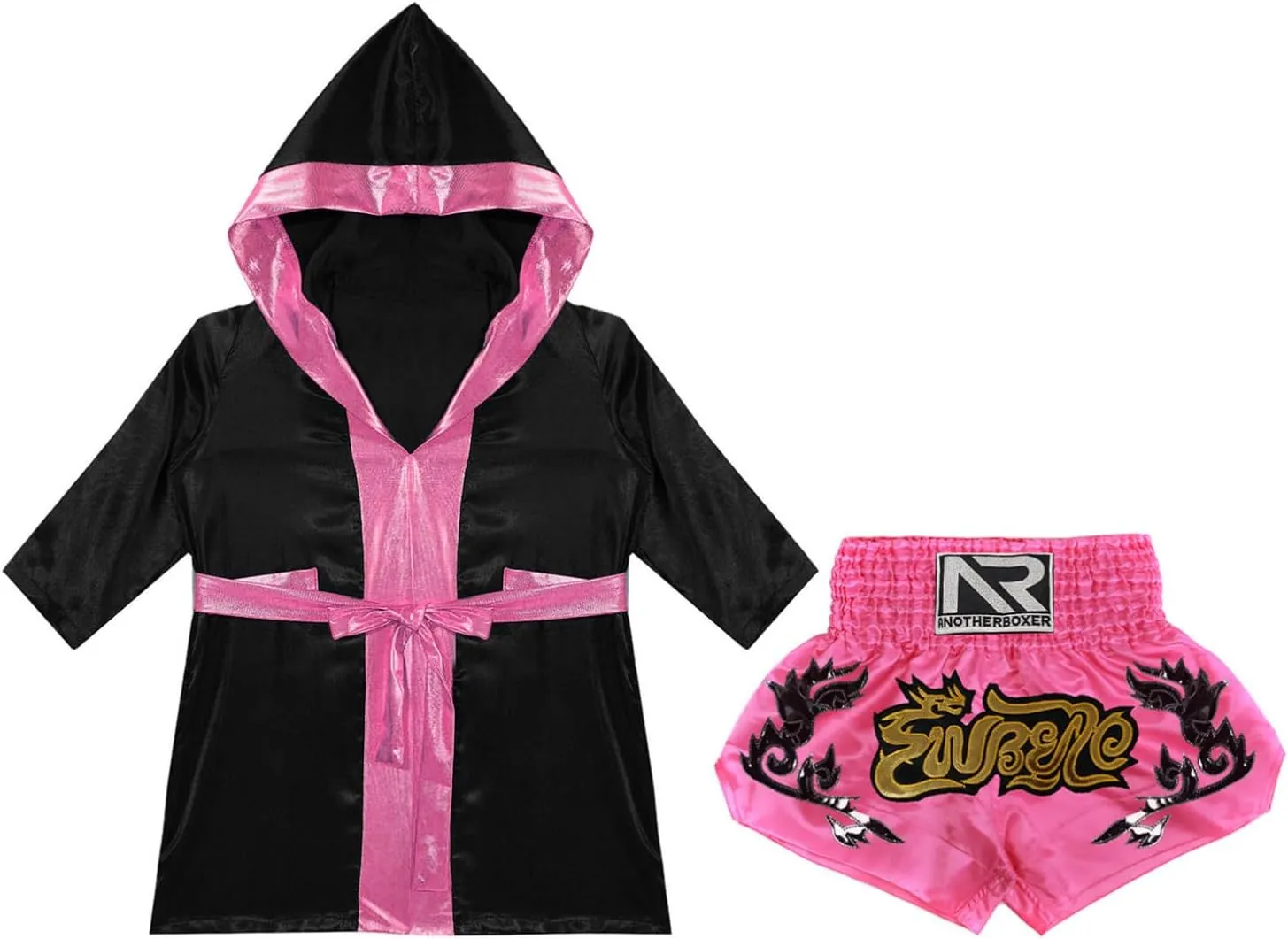 YiZYiF Kids Boys Boxing Outfit Long Sleeve Metallic Trim Satin Robe Hooded Cloak with Belt and Boxer Shorts Set