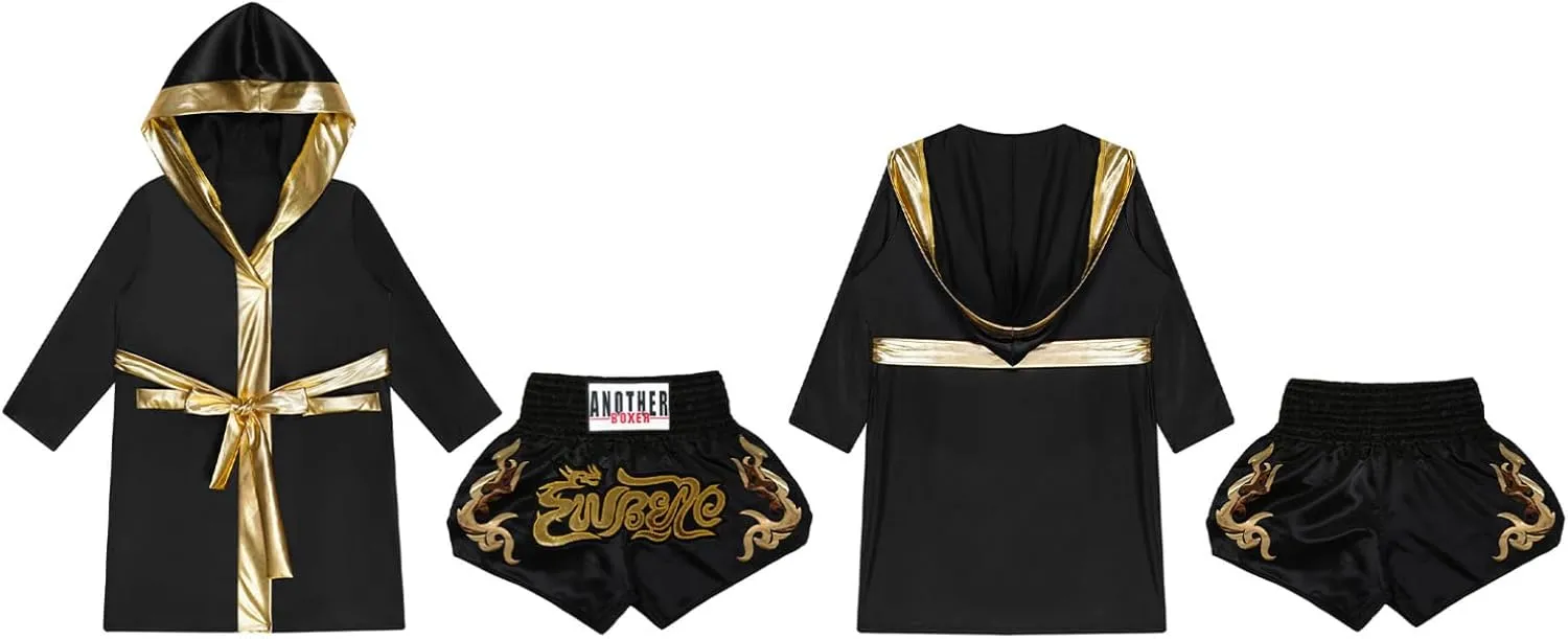 YiZYiF Kids Boys Boxing Outfits Long Sleeve Metallic Trim Satin Hooded Cloak with Shorts Kickboxing Set