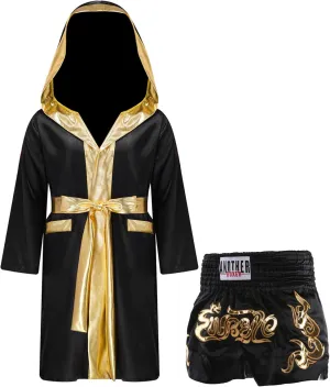 YiZYiF Kids Boys Boxing Outfits Long Sleeve Metallic Trim Satin Hooded Cloak with Shorts Kickboxing Set