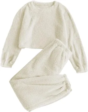 ZAFUL Women's Fuzzy Lounge Casual Pajamas Sets Long Sleeve Fleece Pullover and Pants Set 2 Piece Fluffy Loungewear Sleepwear