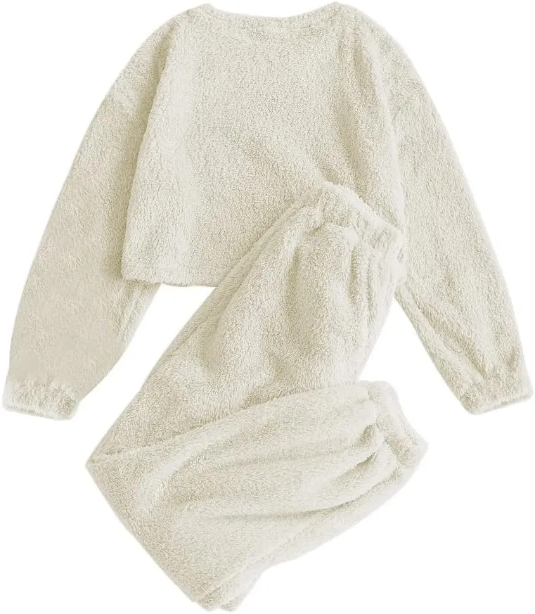 ZAFUL Women's Fuzzy Lounge Casual Pajamas Sets Long Sleeve Fleece Pullover and Pants Set 2 Piece Fluffy Loungewear Sleepwear