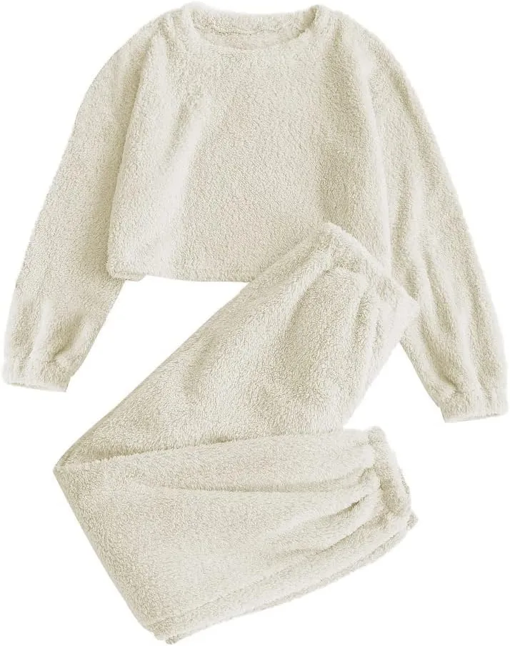 ZAFUL Women's Fuzzy Lounge Casual Pajamas Sets Long Sleeve Fleece Pullover and Pants Set 2 Piece Fluffy Loungewear Sleepwear