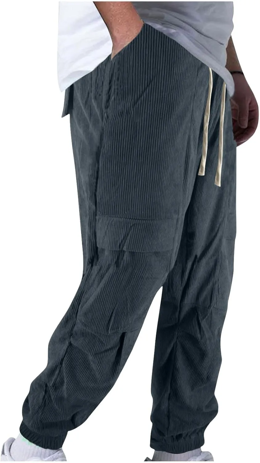 Zeiyignr Mens Corduroy Joggers Pants Casual Cargo Pants Drawstring Elastic Waist Slim Fit Tapered Sweatpants with Pockets