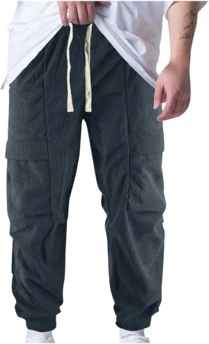 Zeiyignr Mens Corduroy Joggers Pants Casual Cargo Pants Drawstring Elastic Waist Slim Fit Tapered Sweatpants with Pockets
