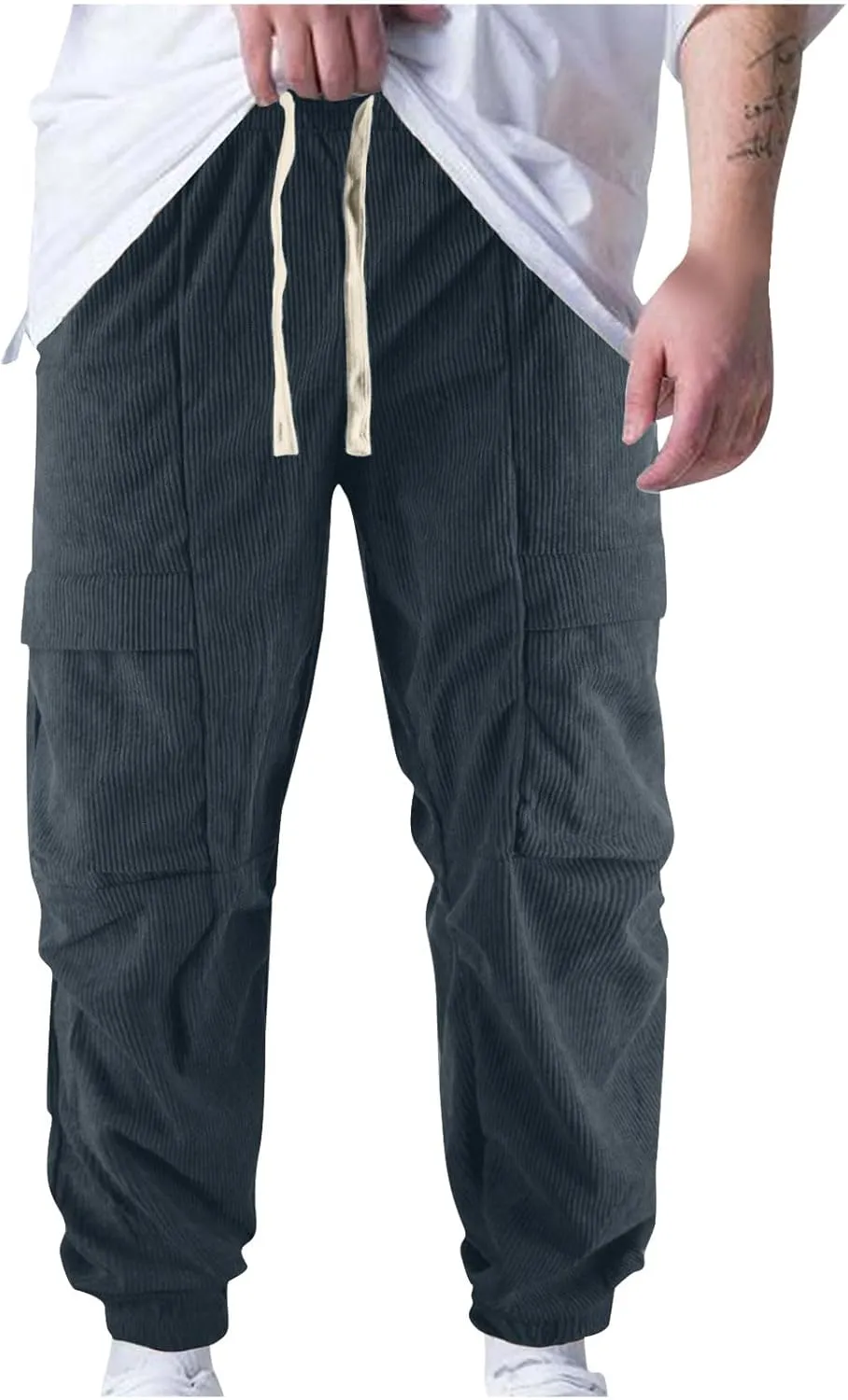 Zeiyignr Mens Corduroy Joggers Pants Casual Cargo Pants Drawstring Elastic Waist Slim Fit Tapered Sweatpants with Pockets